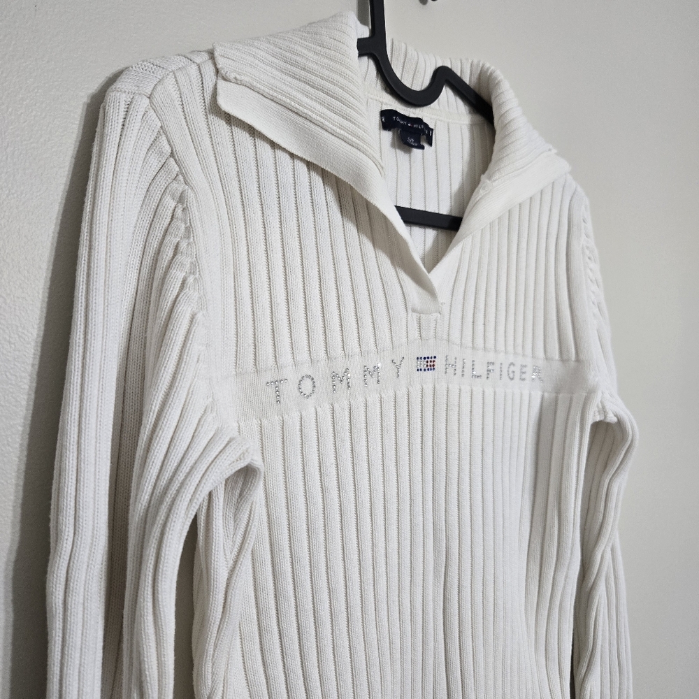 Tommy Hilfiger Y2K White Ribbed Collared Sweater Embellished Logo 100% Cotton S